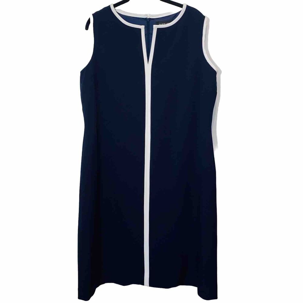 Black Label by Evan-Picone Women's Size 14 Sheath Dress Navy Blue White Trim